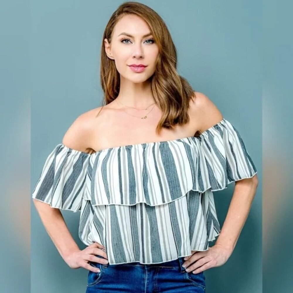Harmony In Nature - Off the Shoulder Black &amp; Ivory Ruffle Top Size S