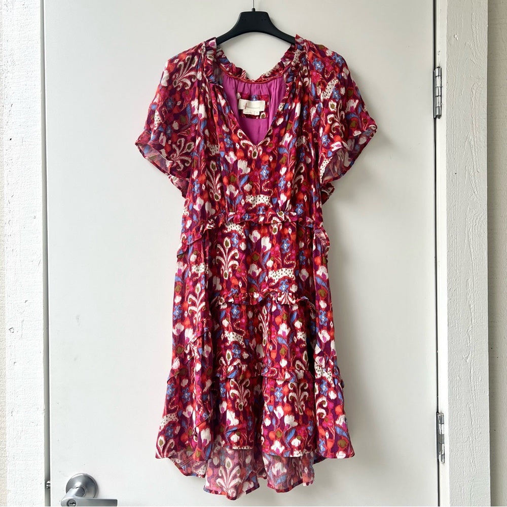 By Anthropologie Robin Tiered Ruffled Mini Dress - RedPink Floral Print - Size S