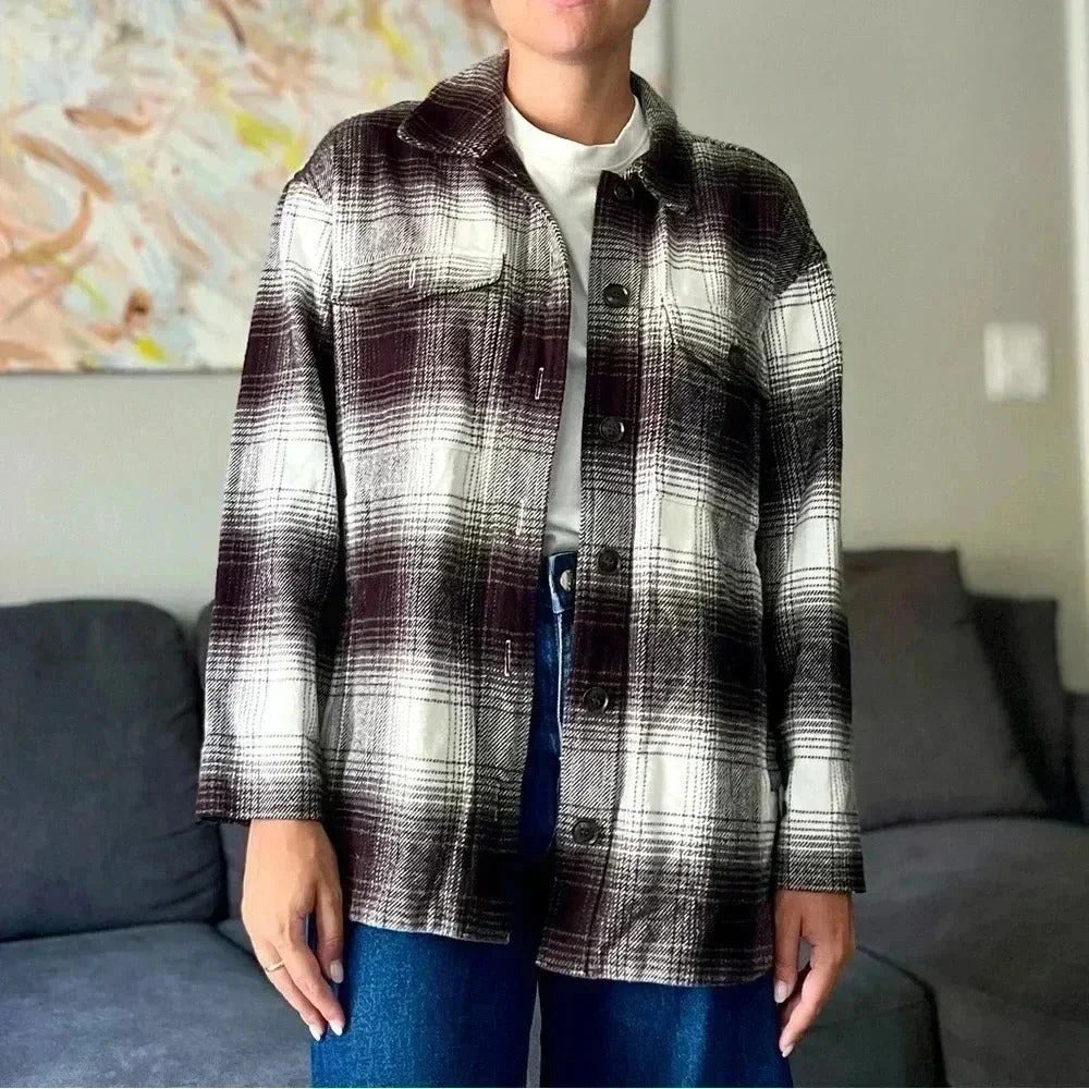 Madewell Twill Flannel Shirt-Jacket - Black and White Windowpane Plaid - Size S