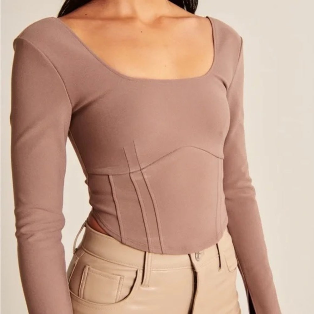 Abercrombie &amp; Fitch Long Sleeve Corset Scoop Neck Top - Taupe Brown - Size S