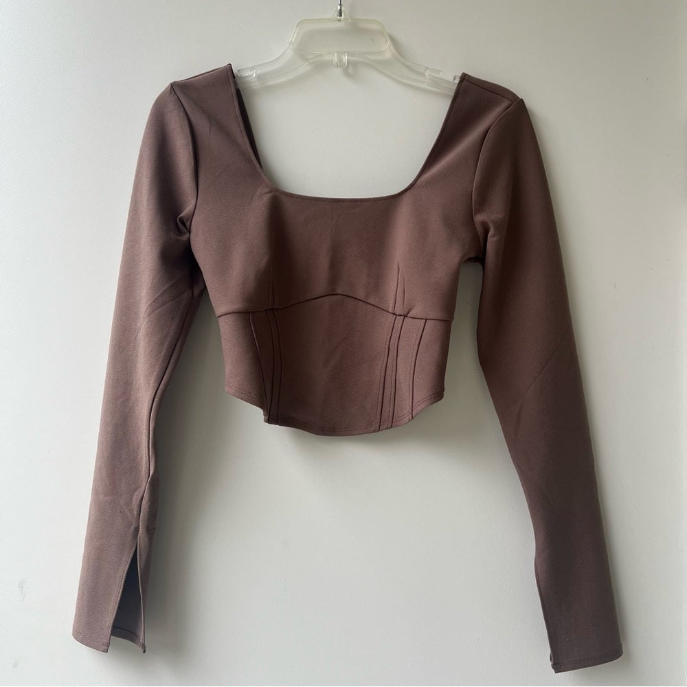 Abercrombie &amp; Fitch Long Sleeve Corset Scoop Neck Top - Taupe Brown - Size S