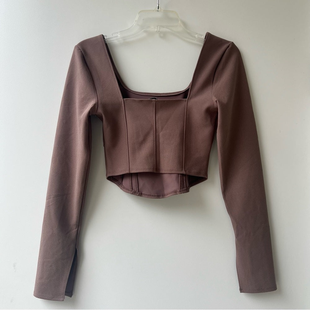 Abercrombie &amp; Fitch Long Sleeve Corset Scoop Neck Top - Taupe Brown - Size S