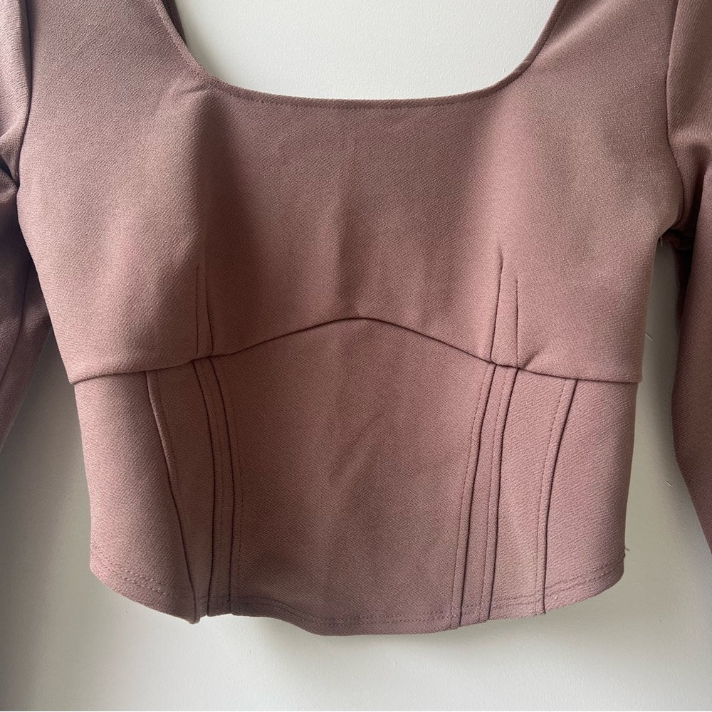 Abercrombie &amp; Fitch Long Sleeve Corset Scoop Neck Top - Taupe Brown - Size S