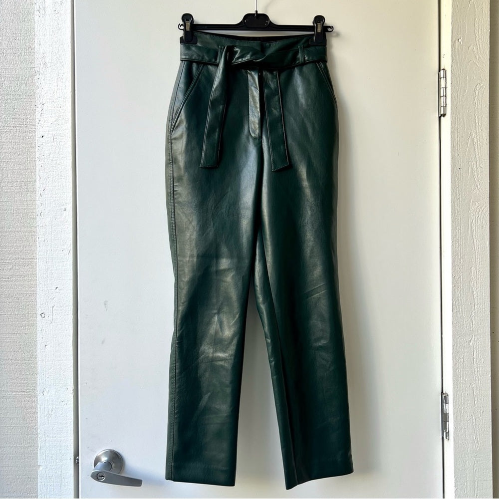 Aritzia Babaton Belted Tie-front Vegan Leather Pants - Dark Green - Size 0