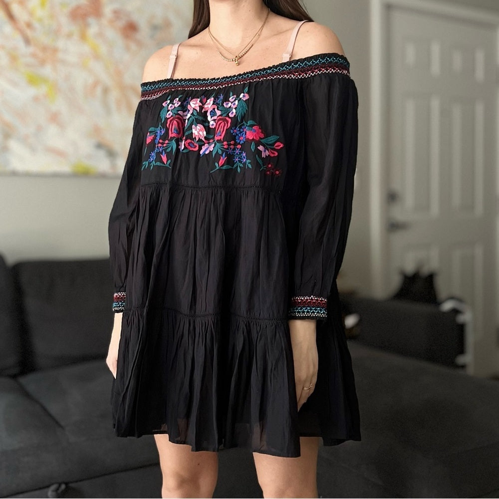 Free People Sunbeams Floral Embroidered Off The Shoulder Boho Dress - Black - S