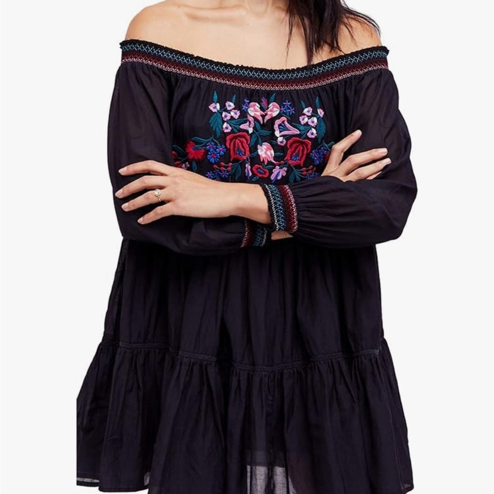 Free People Sunbeams Floral Embroidered Off The Shoulder Boho Dress - Black - S