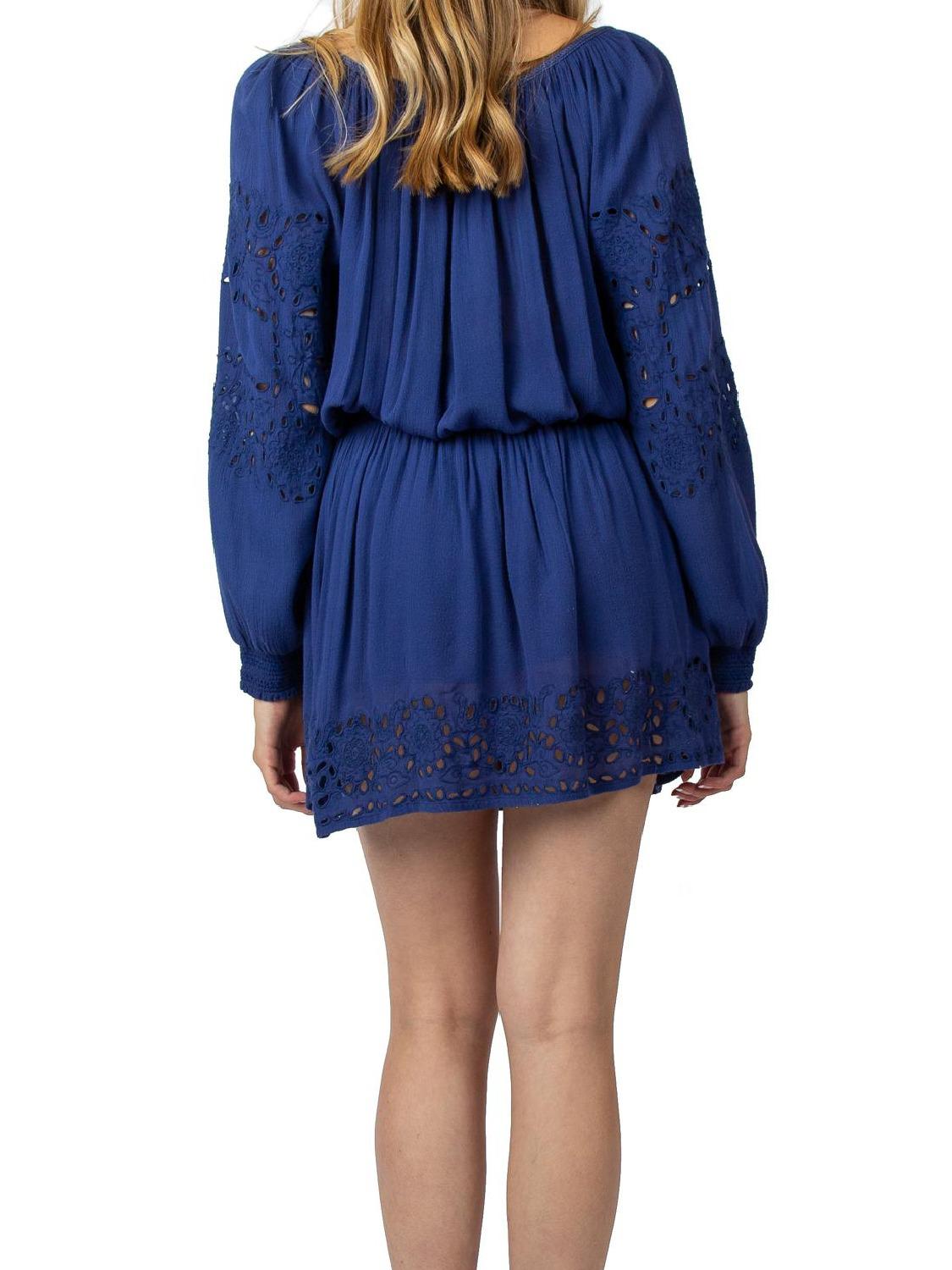 Alice + Olivia Tie-Neck Smocked Waist Embroidered Dress - Blue - 0