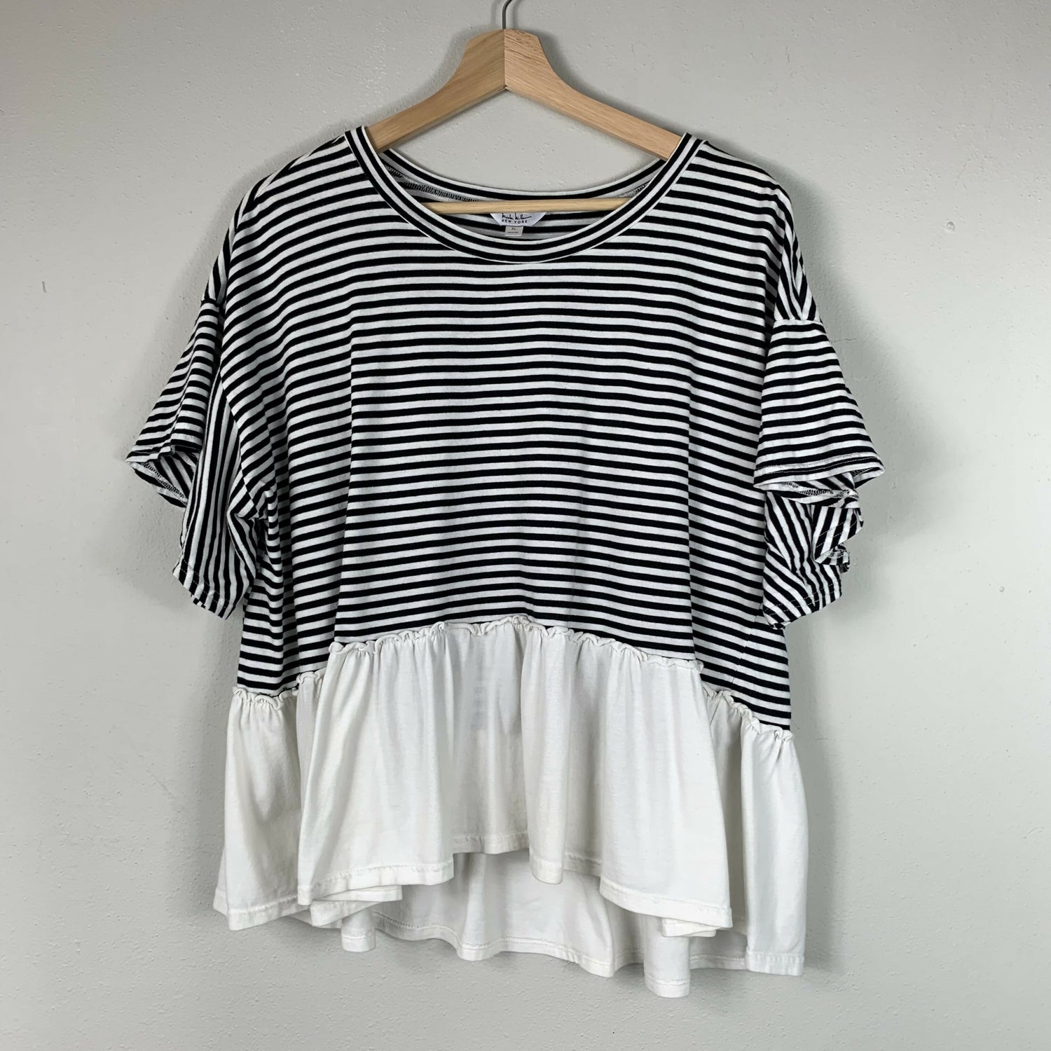 Nicole Miller NY Short Sleeve Ruffle Peplum Tee - Stripes - White Multi - XL