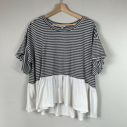 Nicole Miller NY Short Sleeve Ruffle Peplum Tee - Stripes - White Multi - XL