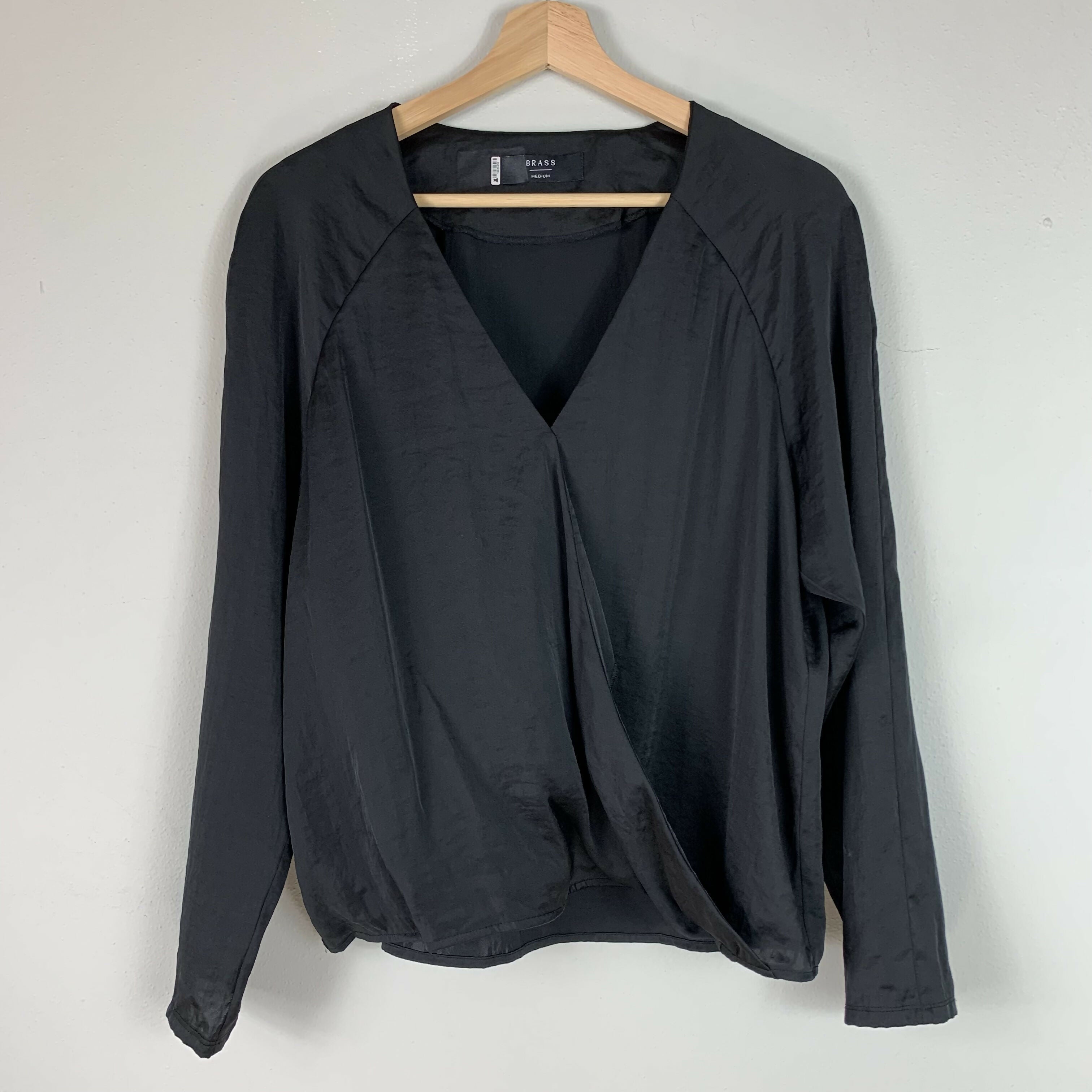 Brass Long Sleeve V-Neck Crossover Blouse - Black - M