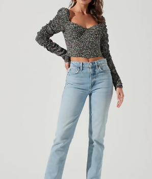 ASTR the Label Livie Ruched Long Sleeve Cropped Top - Floral - Green Multi/Black Green Ditsy - L