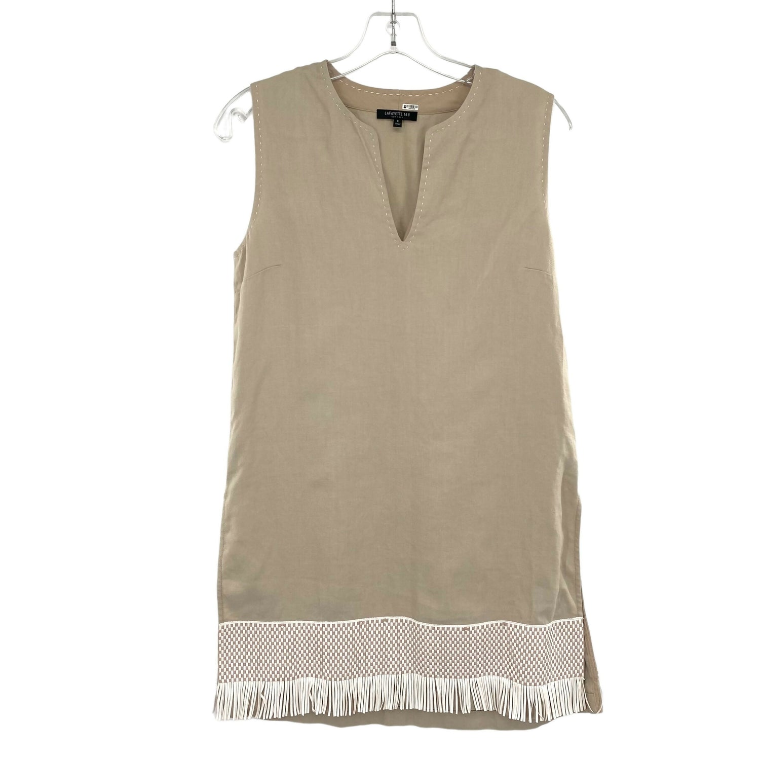 Lafayette 148 New York Sleeveless Splitneck Fringe Trim Linen Tunic - /Beige - XS