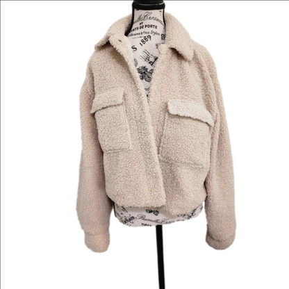 DIVIDED Teddy Button Up Fleece Cropped Jacket Beige Size L