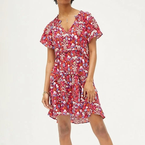 By Anthropologie Robin Tiered Ruffled Mini Dress - RedPink Floral Print - Size S