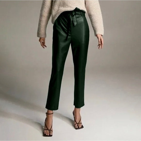 Aritzia Babaton Belted Tie-front Vegan Leather Pants - Dark Green - Size 0