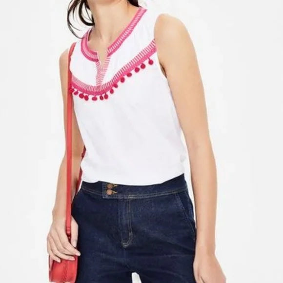 Boden Sleeveless Splitneck Embroidered Pompom Blouse - /White Multi - 6