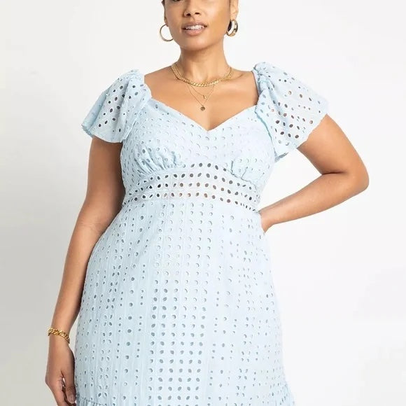 Eloquii Eyelet Dress With Sheer Detail - Eyelet - Blue/Skyride