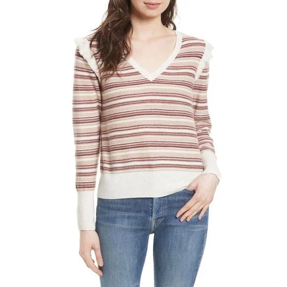 Joie V-Neck Long Sleeve Striped Sweater with Shoulder Ruffle - Stripes - Multi - S