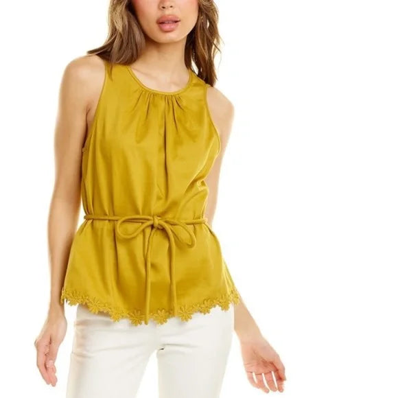 Trina Turk Mustard Gold Climate Top W/ Crochet Detail Hem