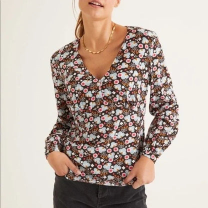 Boden Long Sleeve V-Neck Gathered Printed Blouse - Floral - Black Multi/Black, Romantic Bloom - 4