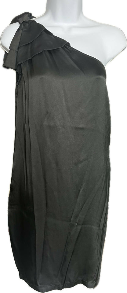 LOVE MOSCHINO Bow Detail One Shoulder 100% Silk mini Dress Black pockets size 8