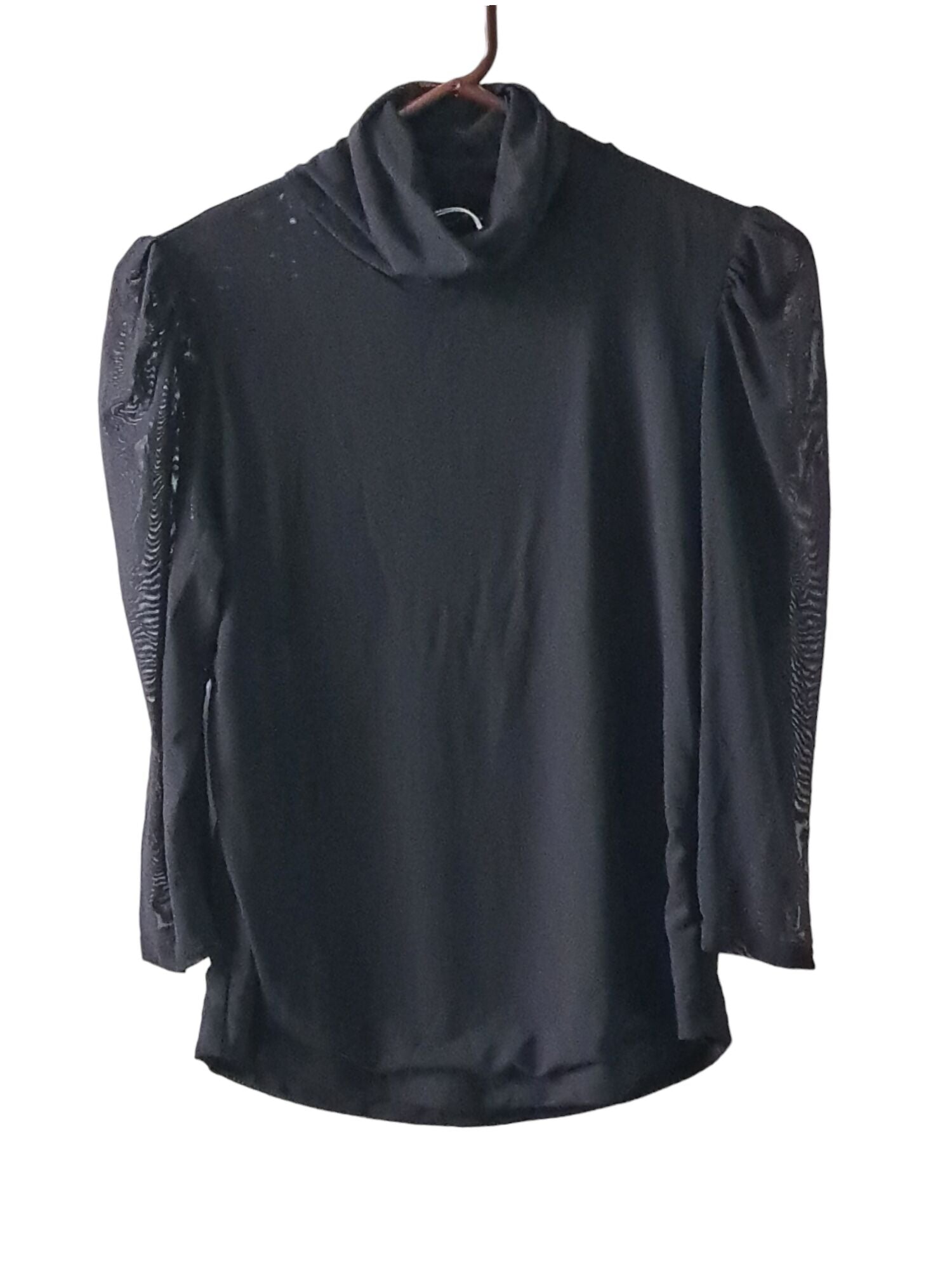 T Tahari Mesh Three Quarter Sleeve Turtleneck Blouse - Black- Medium