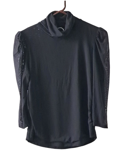 T Tahari Mesh Three Quarter Sleeve Turtleneck Blouse - Black- Medium