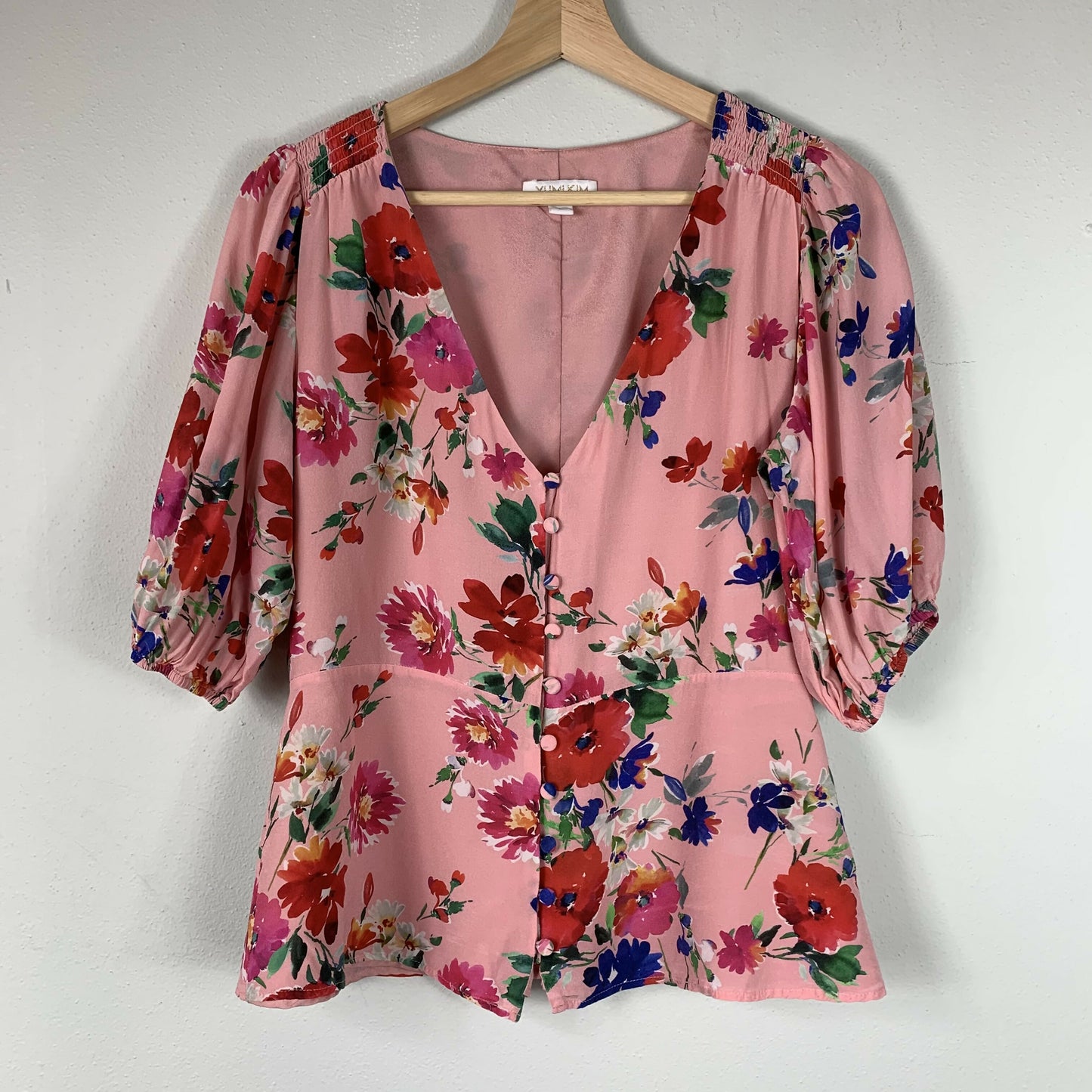 Yumi Kim Short Elastic Sleeve Button Front Blouse - Floral - Pink Multi/Sunnyside Pink (Silk Blend) - L