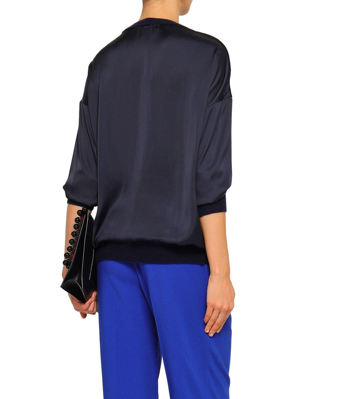 Amanda Wakeley Satin Paneled Cashmere and Wool Blend Sweater - /Navy