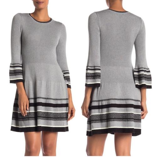 Eliza J 3/4 Sleeve Striped Sweater Dress - Stripes - Gray Multi - M