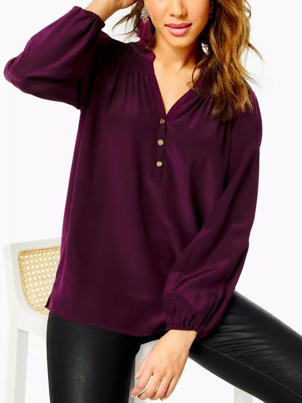 Lilly Pulitzer Elsa Long Sleeve Silk Blouse - /Purple - XL