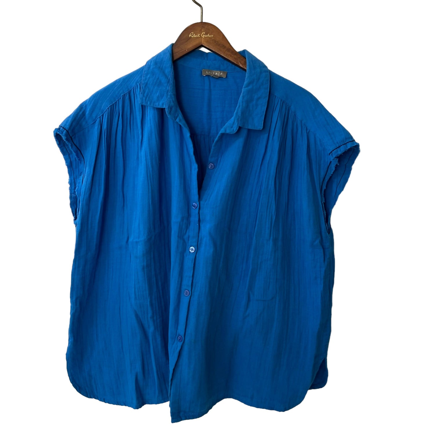 Lilla P Blue Boxy Button Up Shirt Slub Cotton Sz L