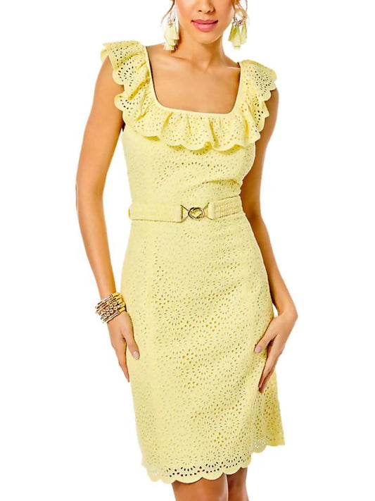 Lilly Pulitzer Ryann Sheath Sleeveless Cotton Dress Eyelet Yellow Creme Fraiche NO BELT size 2