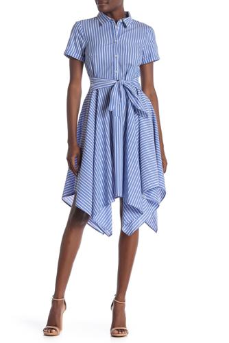 London Times Short Sleeve Belted Asymmetric Shirtdress - Stripes - Blue Multi/BLUE/WHITE - 12