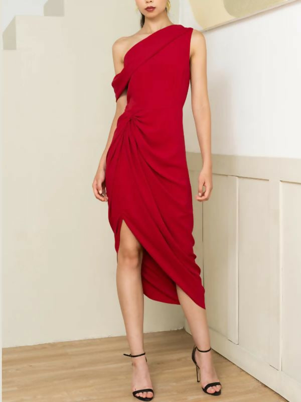 Yumi Kim Charisse Gathered Side Front Slit Midi Dress Red/M