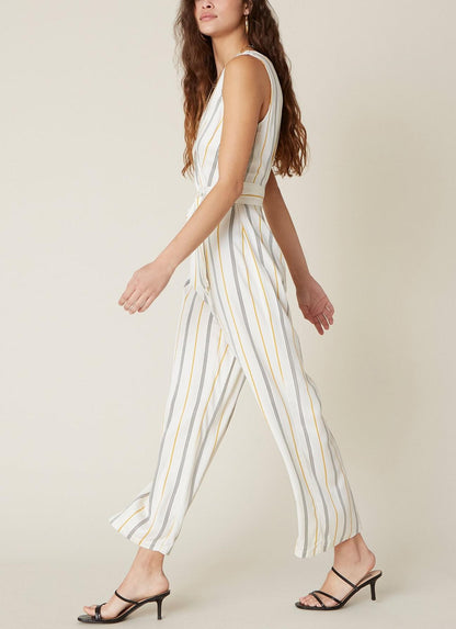 BB Dakota Rayon Belted Jumpsuit - Stripes - White Multi/Ivory