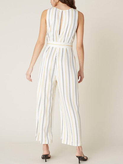 BB Dakota Rayon Belted Jumpsuit - Stripes - White Multi/Ivory