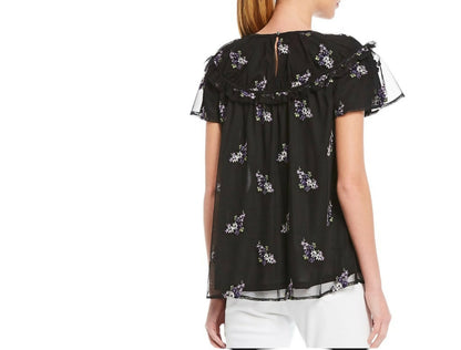 MICHAEL Michael Kors Floral Embroidered Short Sleeve Top Black/Floral Size Small