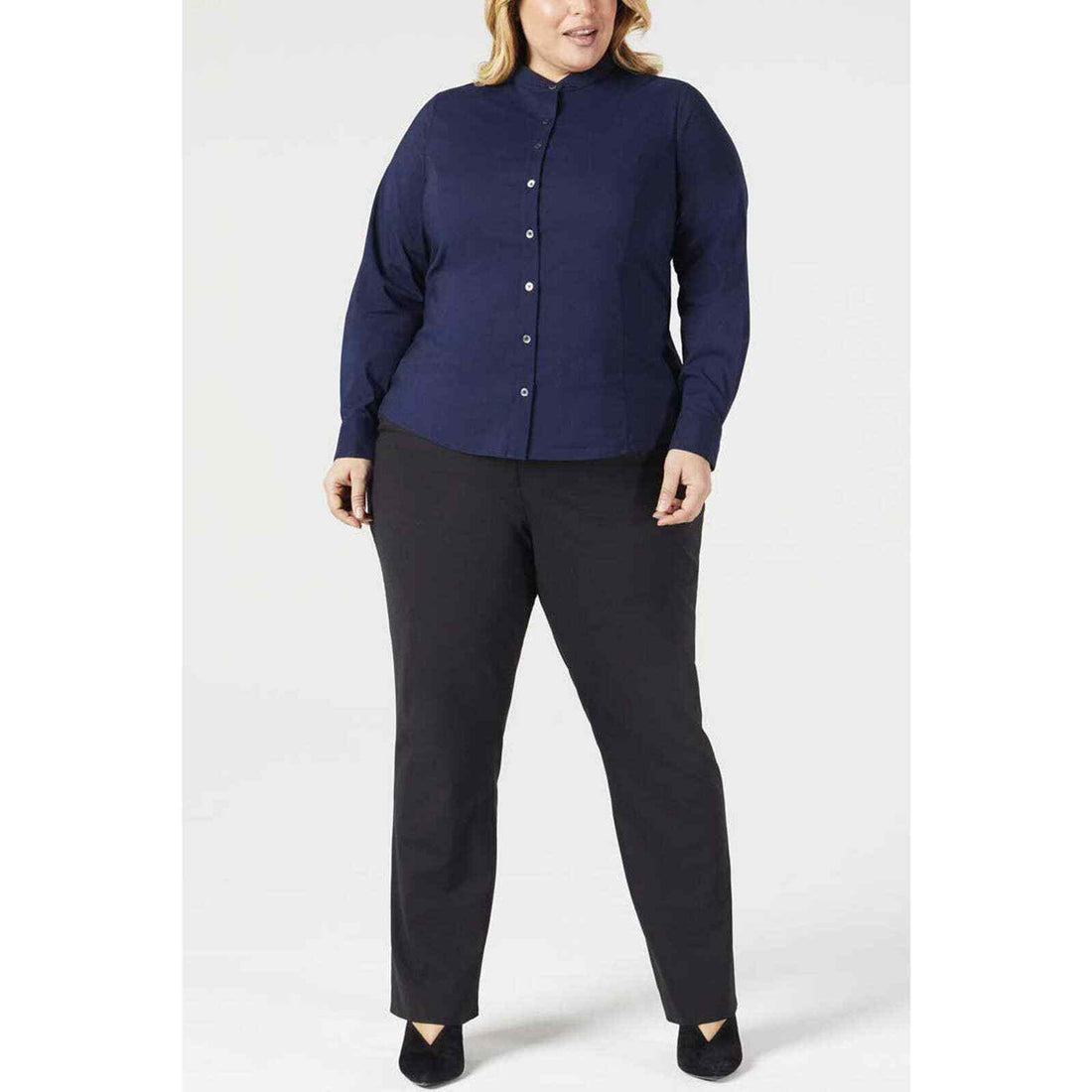 Pari Passu Mandarin Collar Button Up Shirt Fit B: &quot;Curvier Body Type&quot; - Navy