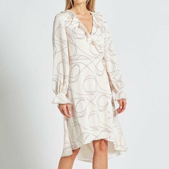 Joie Ruffle V Neck Cuff Sleeve Dress - Abstract - White Multi/Aged White/Large