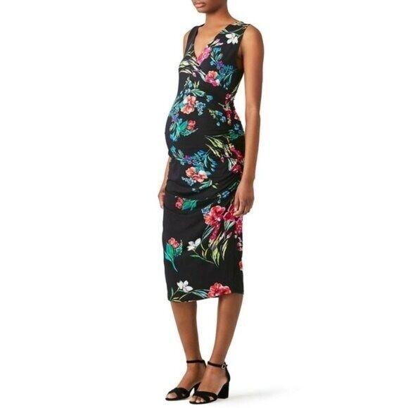 Yumi Kim Maternity Sleeveless Floral Rouched Sheath Dress - Floral - Black Multi - SM