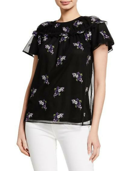 MICHAEL Michael Kors Floral Embroidered Short Sleeve Top Black/Floral Size Small