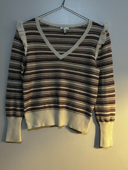 Joie V-Neck Long Sleeve Striped Sweater with Shoulder Ruffle - Stripes - Multi - S