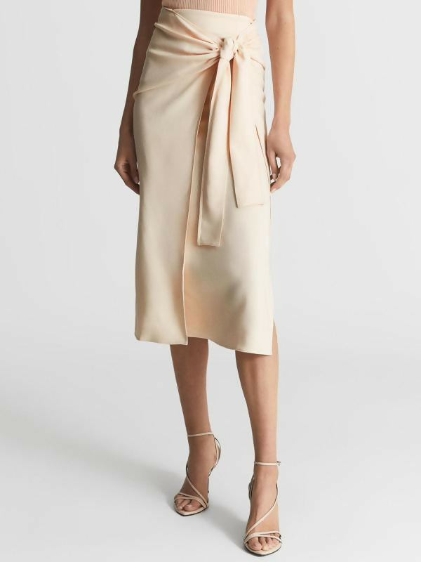 Reiss Alison Tie Waist Midi Pencil Skirt - Nude Beige - 8