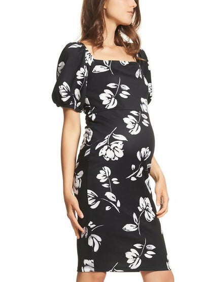 Soon Maternity Maternity Carrie Puff Sleeve Dress Black Floral - Medium