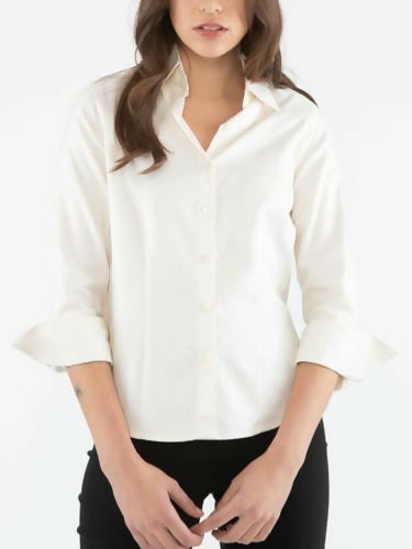 Farinaz Taghavi Long Sleeve Long Cuff Tailored Button Down Shirt- Beige- 8