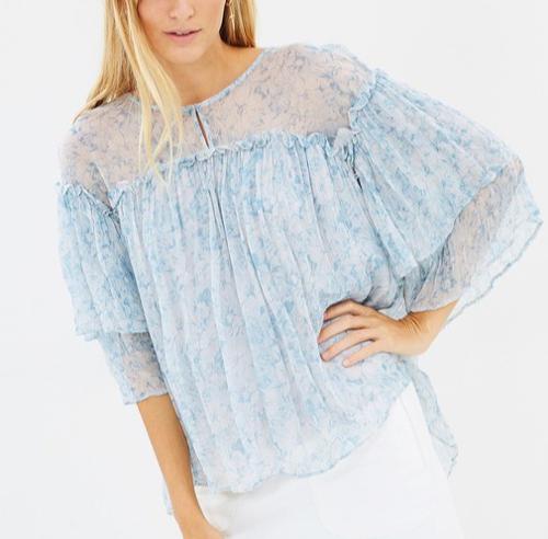 Stevie May Teired Ruffle Sleeve Top - Floral - Blue Multi/Blue Floral - S