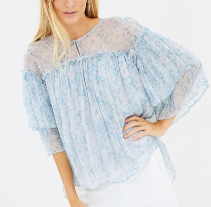 Stevie May Teired Ruffle Sleeve Top - Floral - Blue Multi/Blue Floral - S