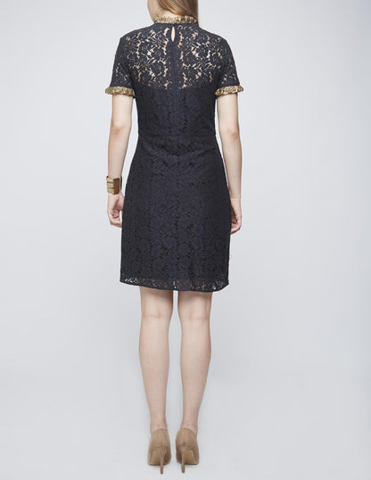 Samshek Short Sleeve Gold Ruffle Lace Overlay Dress Floral Black Multi size 8