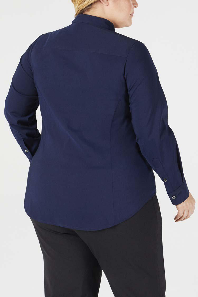 Pari Passu Mandarin Collar Button Up Shirt Fit B: &quot;Curvier Body Type&quot; - Navy